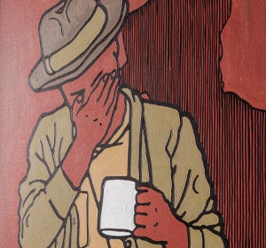 Obraz na płótnie z postacią pijącą kawę